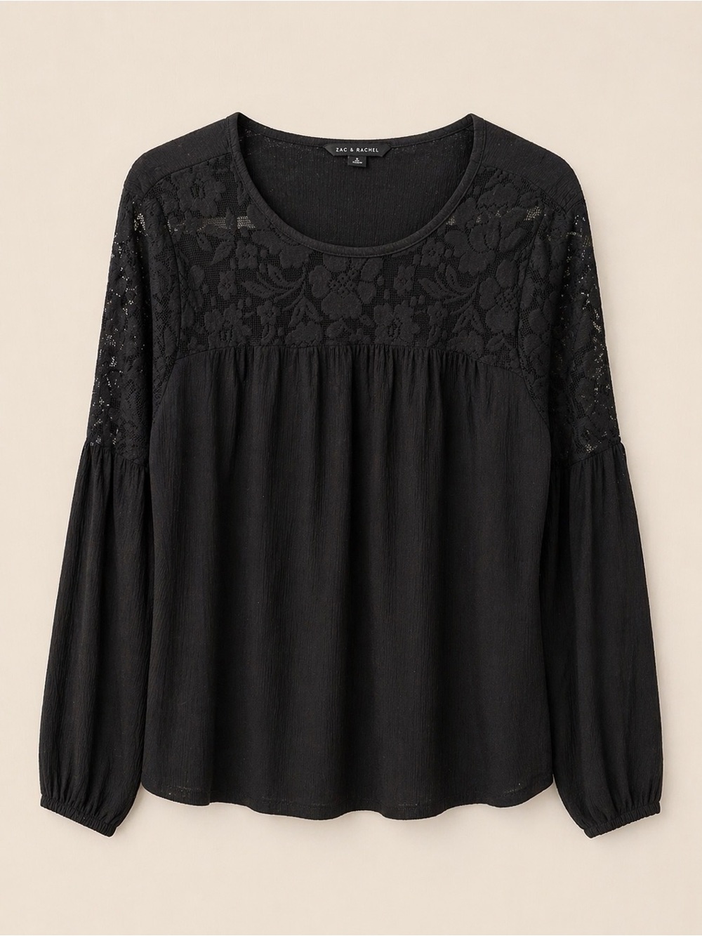 Zac & Rachel Black Lace Yoke Peasant Long-Sleeve Top